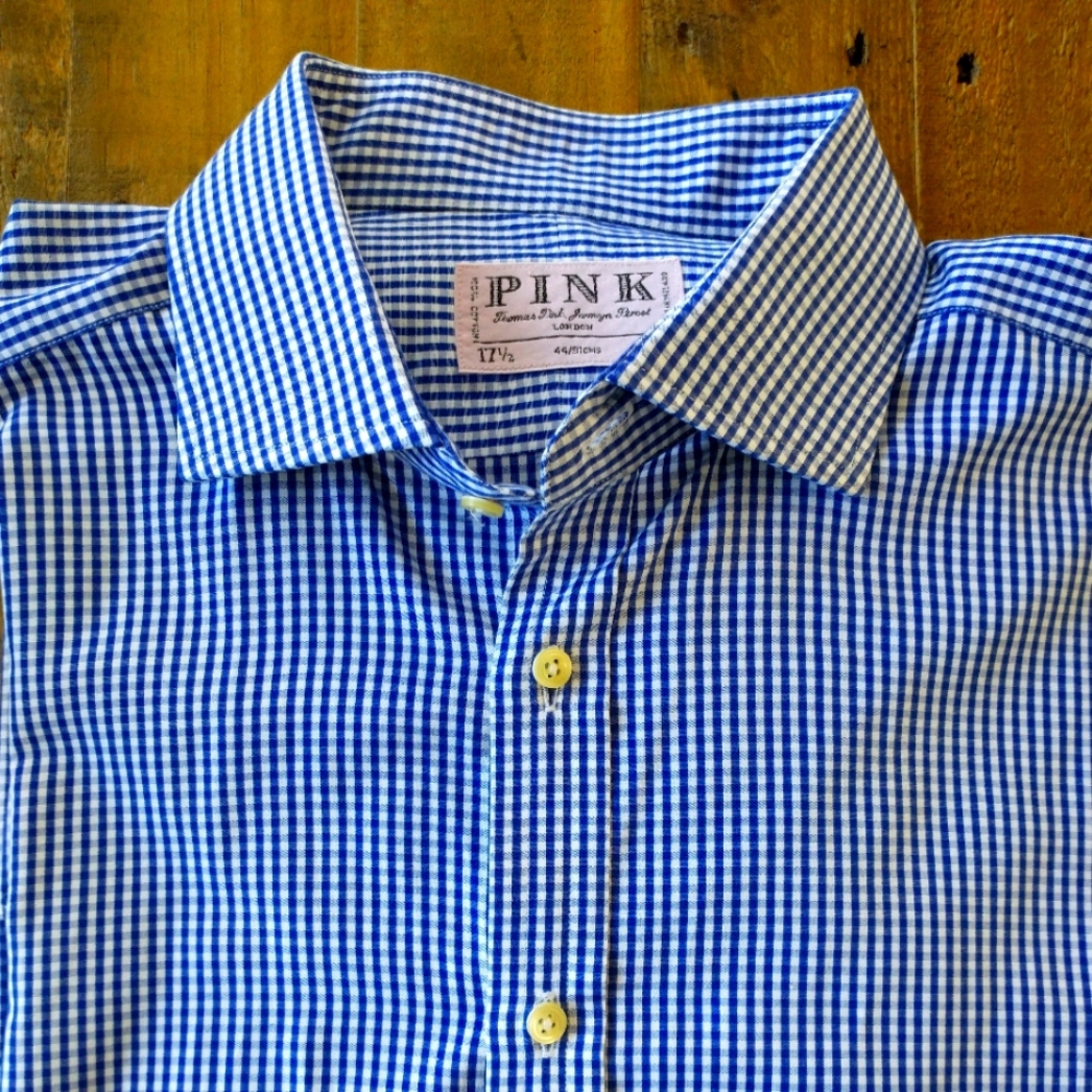 Thomas Pink Blue and White Checkered Dress Shirt